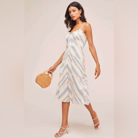 ASTR Cream, peach and blue striped spaghetti strap midi dress size M - Picture 1 of 15